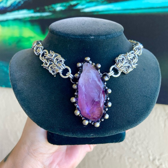 Handmade Genuine raw amethyst crystal maille stainless steel boho goth necklace - Picture 5 of 12